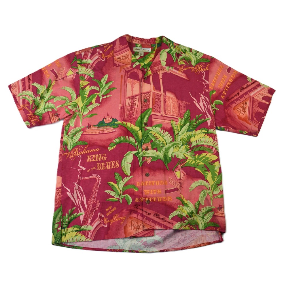 Tommy Bahama Mens Large Silk King of the Blues Jazz Tropical Camp Shirt Pink